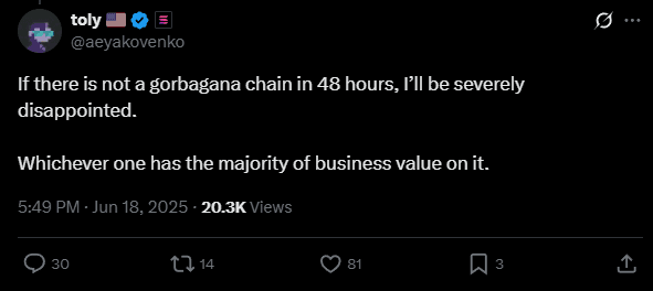 Toly's Tweet about Gorbagana Chain